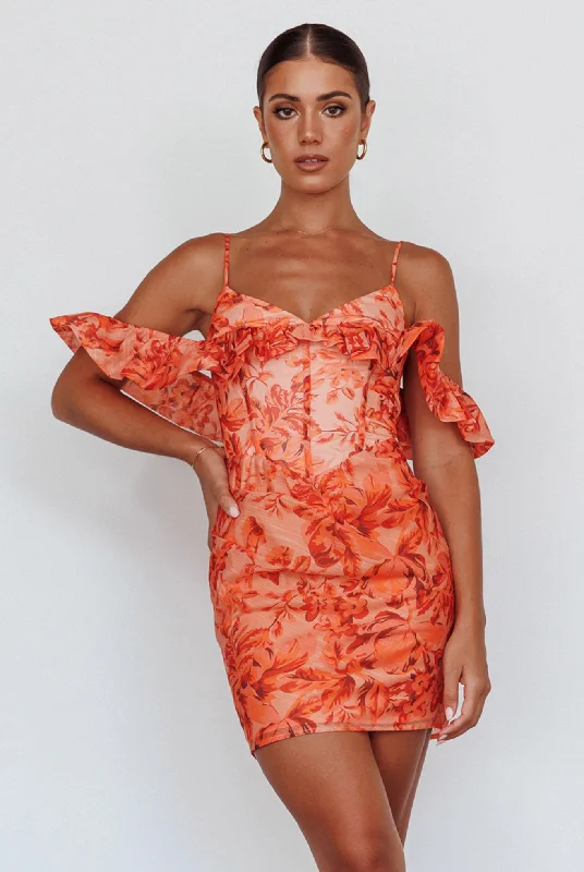 Catania Off-Shoulder Ruffle Mini Dress Floral Orange Stylish Sweetheart Neck Mini Dress Catania Off-Shoulder Ruffle Mini Dress Floral Orange Stylish Sweetheart Neck Mini Dress