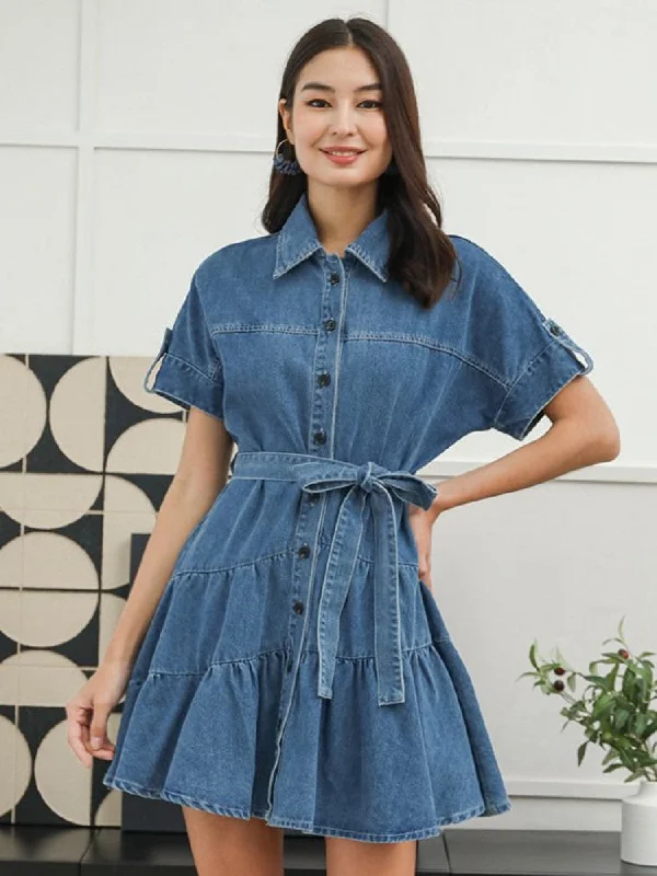 Denim Tie-wrap Ruffle Buckle Mini Dress Elegant Tulle Mini Dress