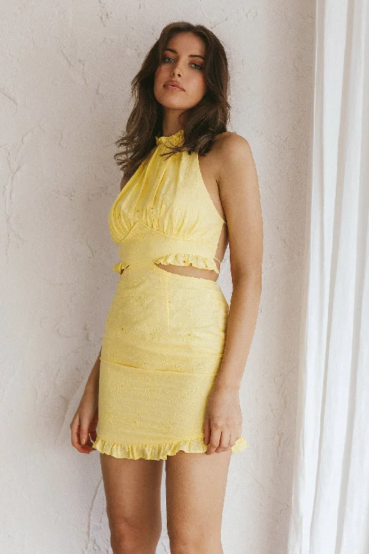 Giovana Halterneck Frill Mini Dress Lemon Fashionable Lace Mini Dress