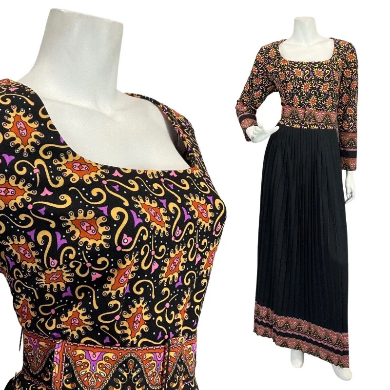 VINTAGE 60s 70s BLACK CREAM PURPLE PSYCHEDELIC BOHO FOLK BELTED MAXI DRESS 14 16 Fashionable Sleeveless Maxi Dress VINTAGE 60s 70s BLACK CREAM PURPLE PSYCHEDELIC BOHO FOLK BELTED MAXI DRESS 14 16 Fashionable Sleeveless Maxi Dress