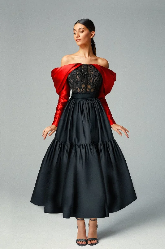 Embroidered off shoulder top with midi skirt cashmere skirt rich