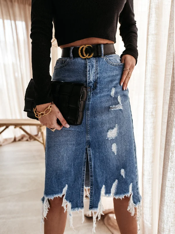 High Waisted Cut Hem Distressed Stretchy Midi Jeans Skirt denim skirt trendy