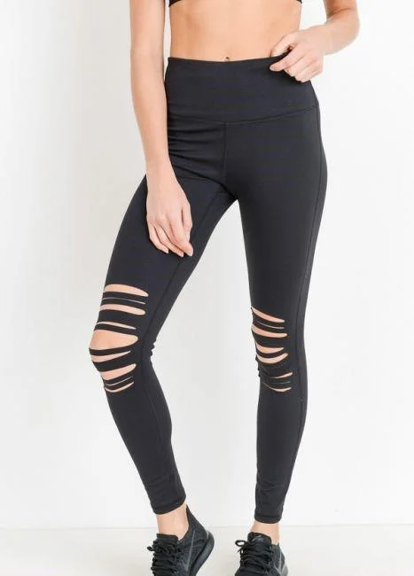 High Waist Laser Cut Ripped Knee Leggings Trendy Sporty Compression Leggings