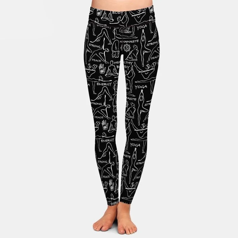 Ladies Black/White Yoga Printed Leggings Stylish Athletic Wear Leggings
