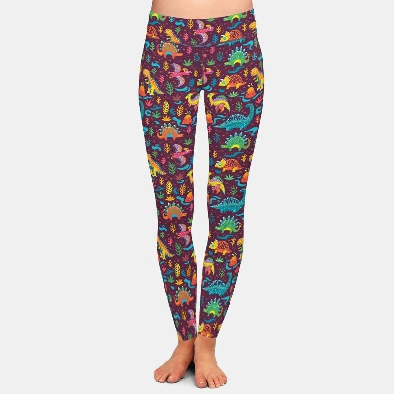 Ladies 3D Cartoon Style Dinosaurs Printed Leggings Comfortable Slim Fit Leggings