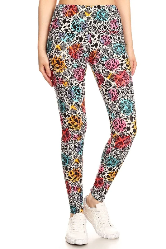 5-inch Long Yoga Style Banded Lined Damask Pattern Printed Knit Legging With High Waist Cozy Warmth Leggings 5-inch Long Yoga Style Banded Lined Damask Pattern Printed Knit Legging With High Waist Cozy Warmth Leggings