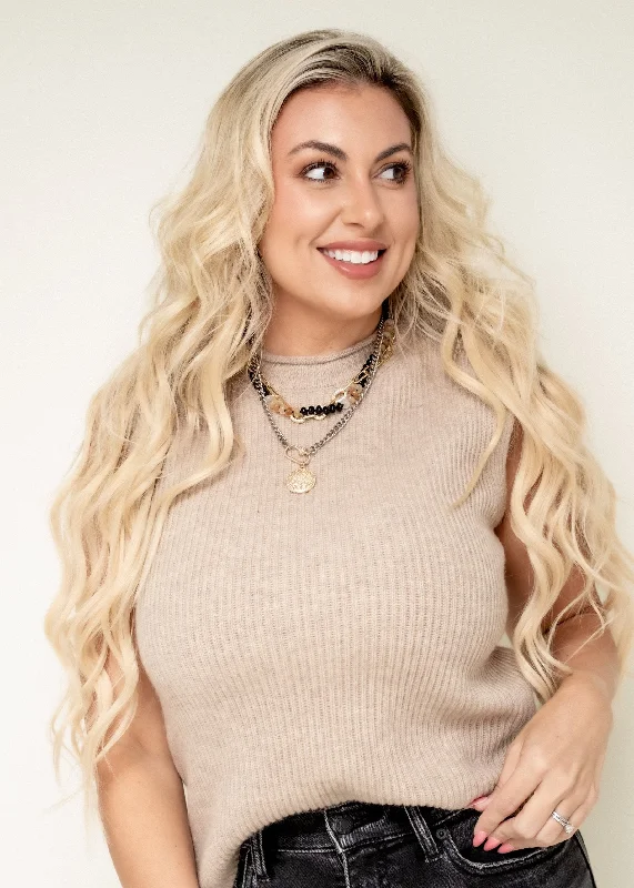 Relaxed Attitude Sleeveless Sweater-Tan Front Pockets Side Pockets Patch Pockets