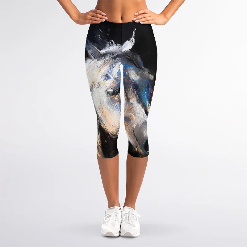 White Horse Portrait Print Women's Capri Leggings Elegant Black Leggings