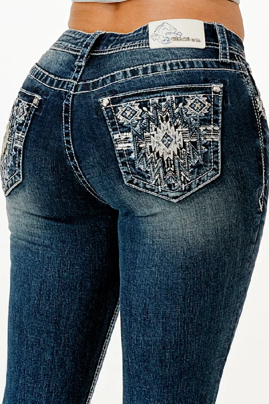 Aztec Embellished Mid Rise Bootcut Jeans Fashionable Slim Fit Jeans