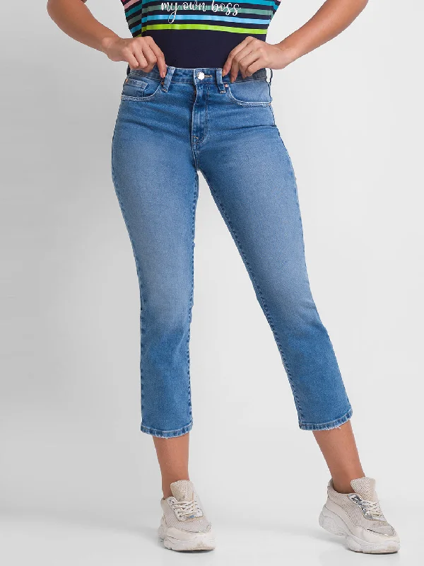 Spykar Light Blue Lycra Slim Straight Fit Ankle Length Jeans For Women (Emma) Casual Distressed Denim Jeans