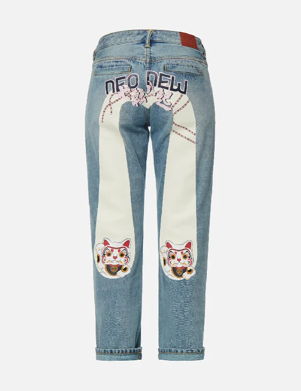 Fortune Cat Daicock Print Boyfriend Jeans Stylish Acid-Wash Jeans
