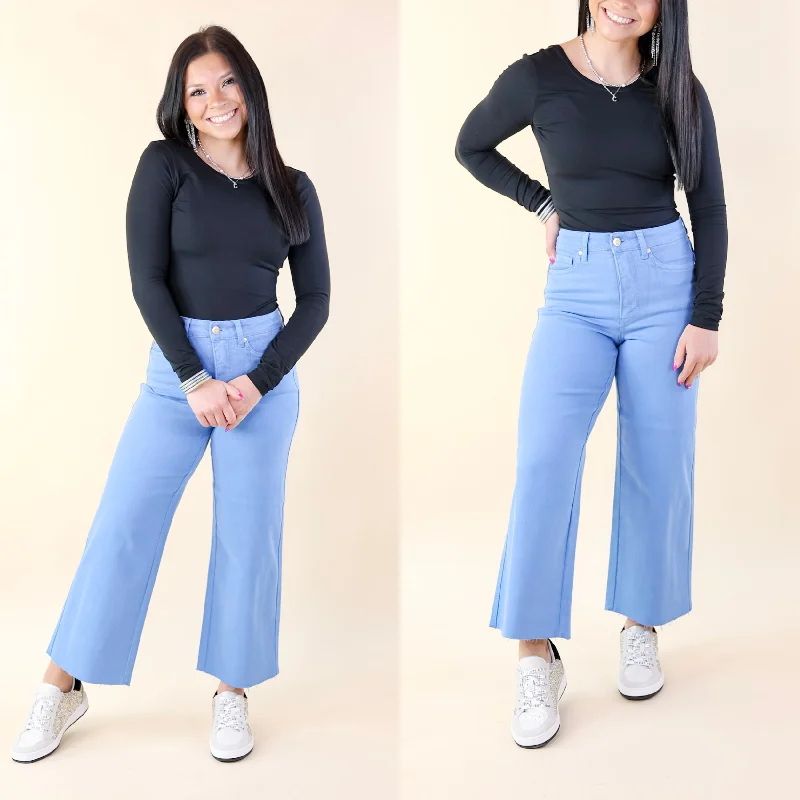 Judy Blue | Sign Me Up Tummy Control Cropped Wide Leg Jeans in Sky Blue Comfortable Mid-Rise Jeans