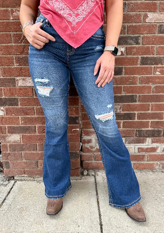 Miss Me Women's High Rise Distressed Flare Jeans H3636F60 Casual Wide-Legged Denim Jeans