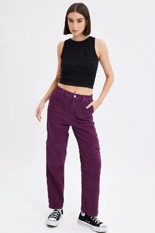 Purple Cargo Jeans Straight Back Elastic Waist Stylish High-Waisted Denim