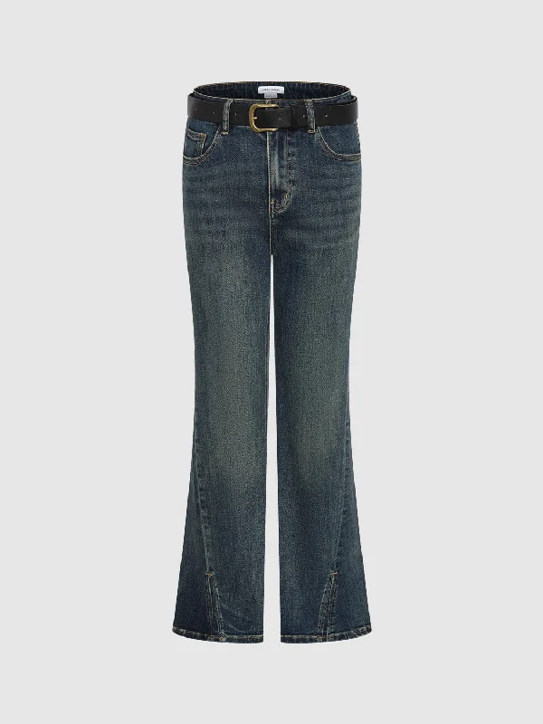 Split Hem Flare Jeans With Belt Chic Faded Blue Jeans
