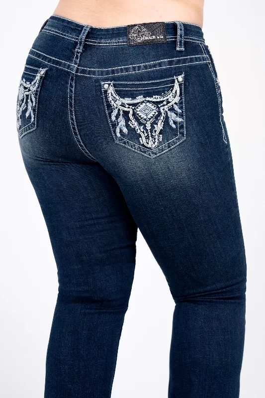 Steer Head Emblishment Plus Size Bootcut Jeans Fashionable Relaxed Fit Denim