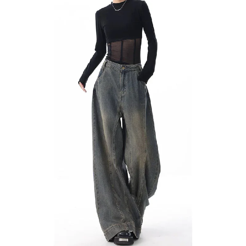 Tinted Vintage Washed Wide Leg Baggy Jeans Comfortable Low-Rise Jeans