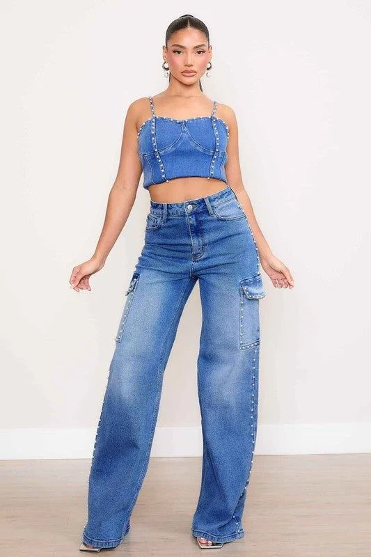 Vibrant MiU Pearl High-Rise Wide Leg Cargo Jeans Trendy Colored Denim Jeans