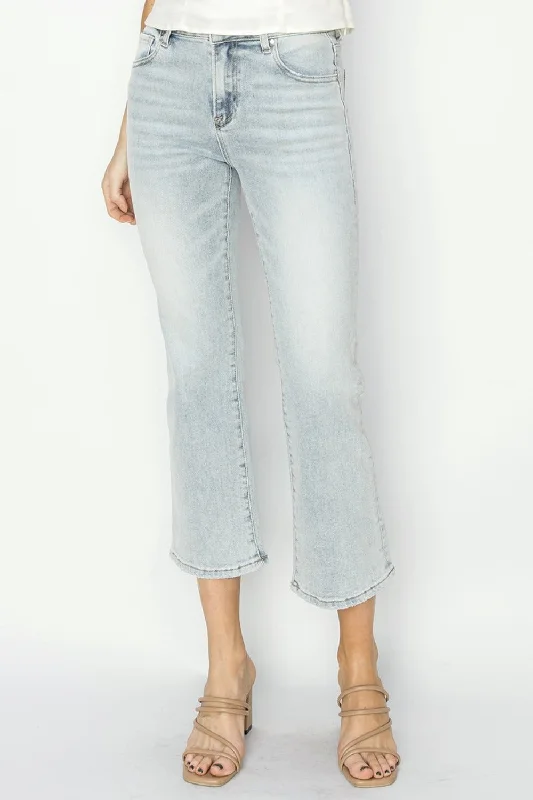 RISEN Full Size Mid Rise Cropped Flare Jeans Comfortable Drawstring Waist Jeans